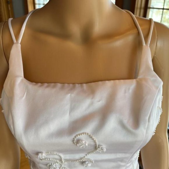 *LA Glo White Beaded Satin Strap X Back Bead Wedding Dress Bridal Gown Size 5 6 - Picture 6 of 13